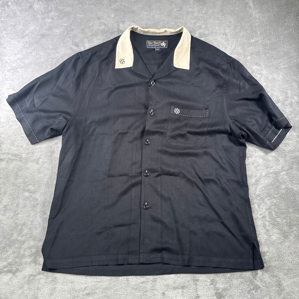 Vintage Nat Nast Shirt Mens L Black Silk Bowling 50s Style Rockabilly